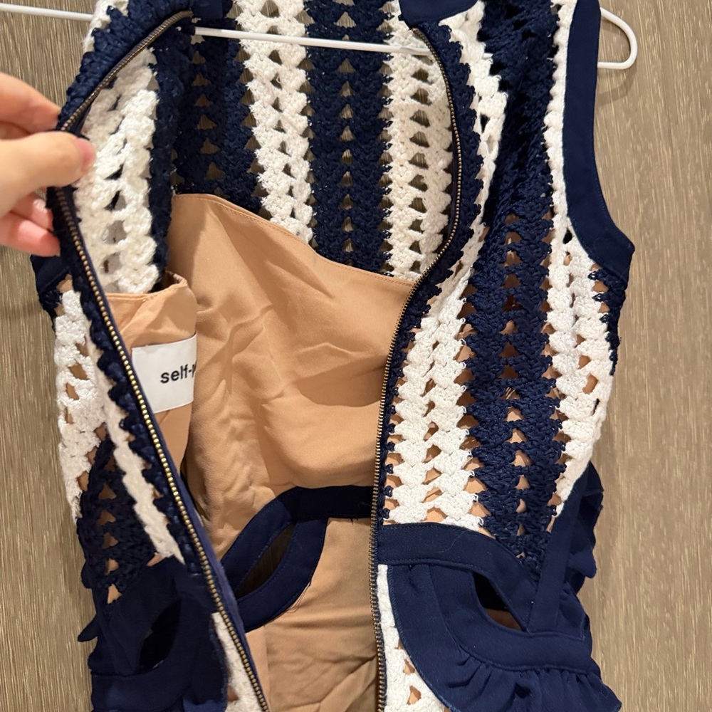 Self-Portrait Navy and White Crochet Fringe Maxi Dress - Picture 4 of 11